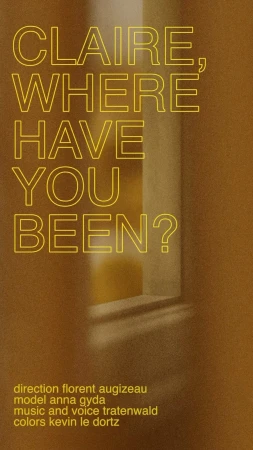 Promotional image with the text "Claire, Where Have You Been?" written in yellow, with a window and text related to production credits.