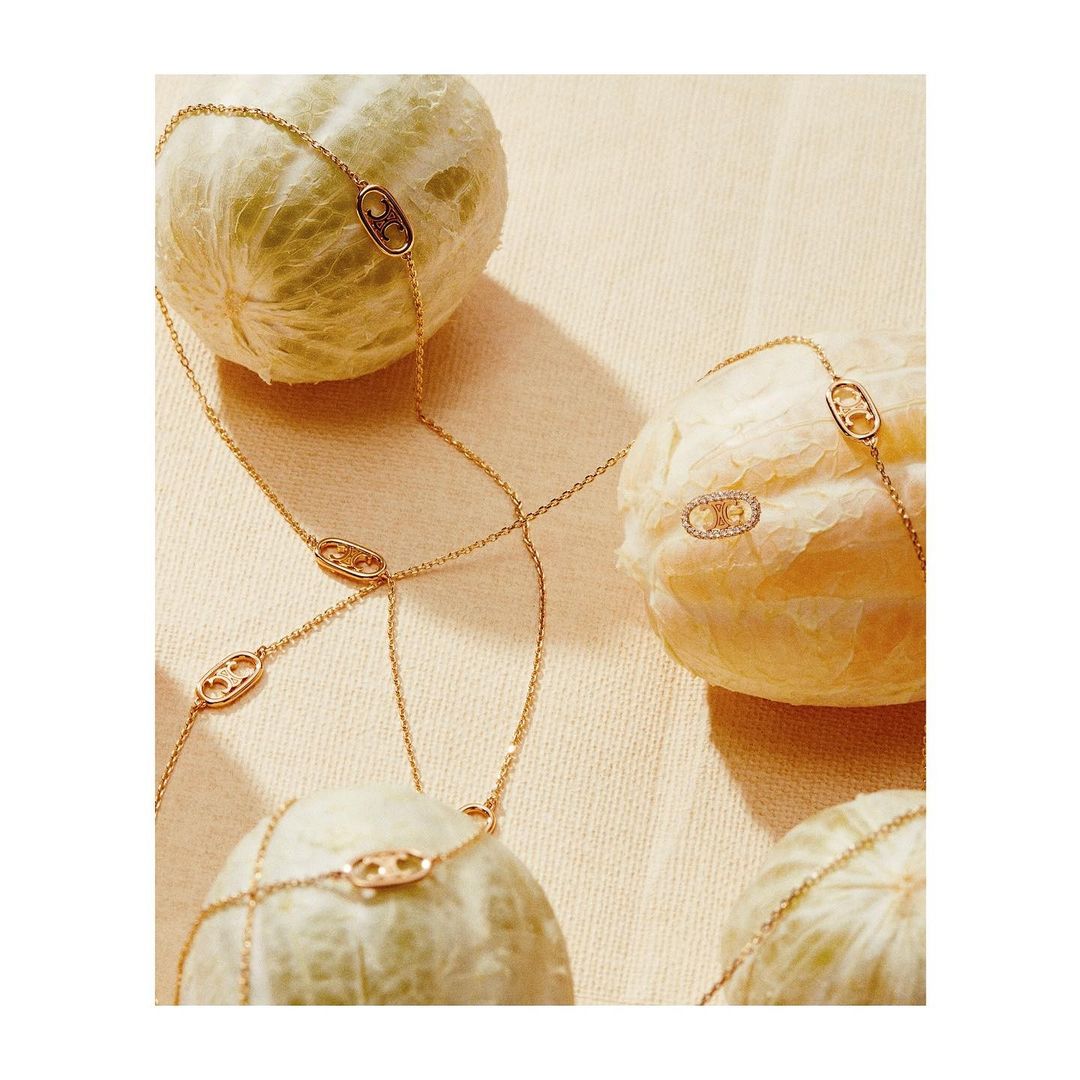 Elegant gold necklace featuring the Celine logo, artfully arranged on textured pale fruits for a fashion-forward jewelry display.