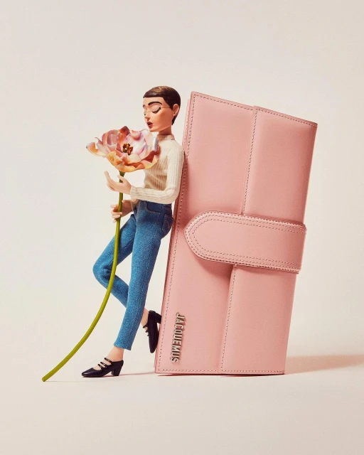 Conceptual fashion shot featuring a posing figure with a large pink leather handbag and a large flower on a light pink studio backdrop.