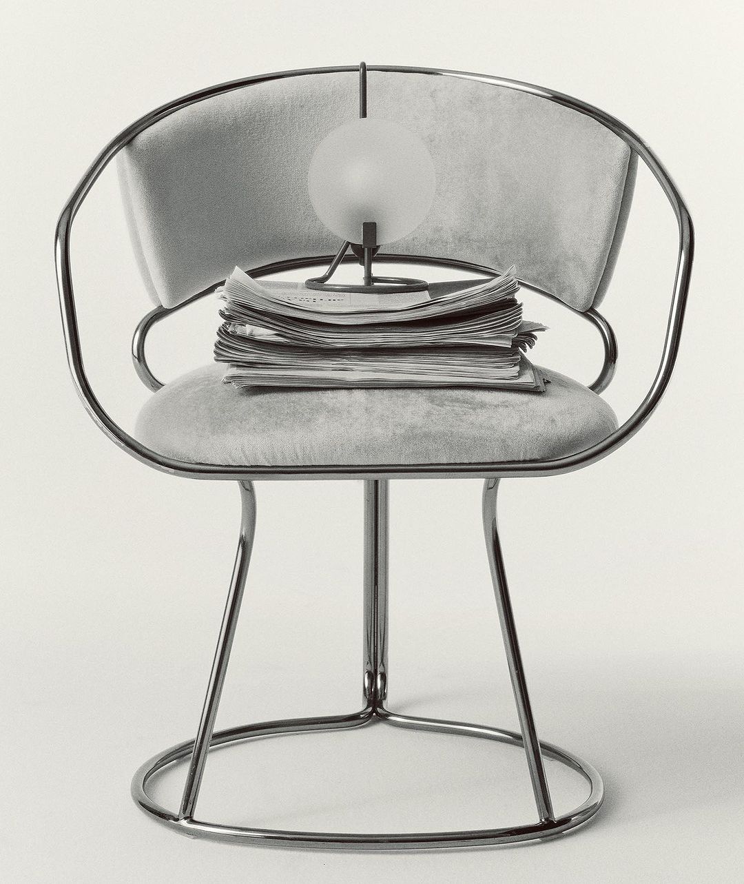 Chrome chair with gray cushion and a stack of newspapers topped with a small round lamp against a plain background in a studio setting.