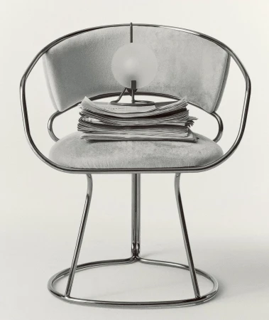 Chrome chair with gray cushion and a stack of newspapers topped with a small round lamp against a plain background in a studio setting.