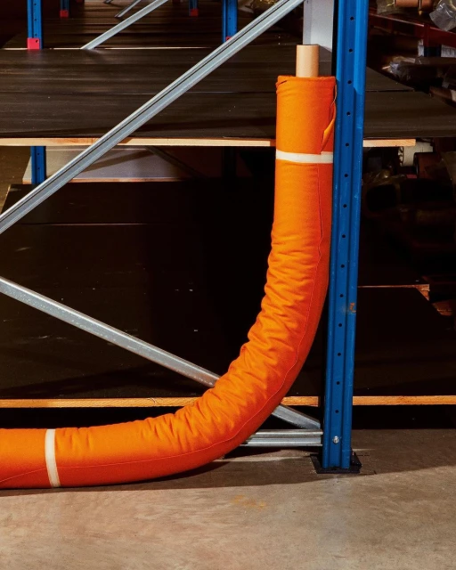 Orange padded material wrapped around a metal shelf post in an indoor setting, creating a barrier or protective layer within the storage space.