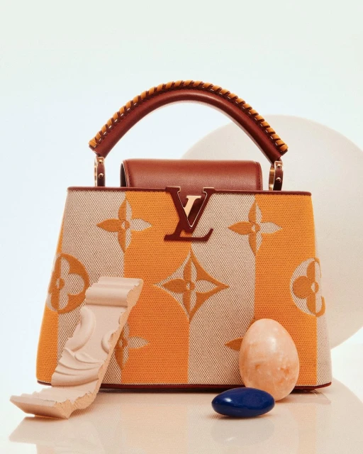 Tan Louis Vuitton handbag with leather handle, LV logo, surrounded by decorative stone elements in a studio setting with white background.