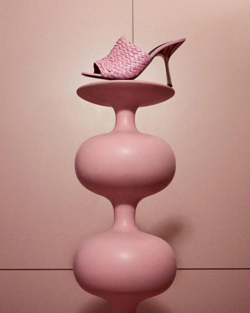 Pink woven mule heeled sandal on a pink abstract sculpture in a pink room creates a minimalist fashion product still life.