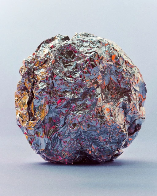 Shiny silver ball made of crumpled aluminum foil, reflecting shades of orange, pink, and blue, against a soft grey background.