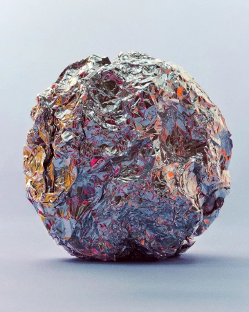 Shiny silver ball made of crumpled aluminum foil, reflecting shades of orange, pink, and blue, against a soft grey background.