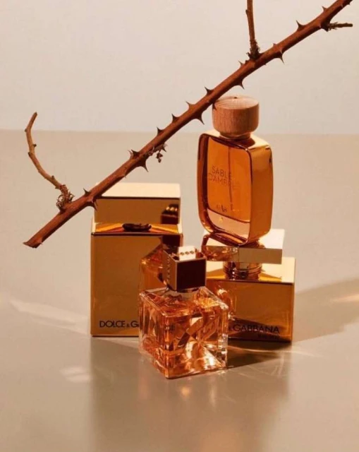 Three gold perfume bottles displayed on shiny surfaces next to a branch with thorns in a softly lit, eye-level product shot.