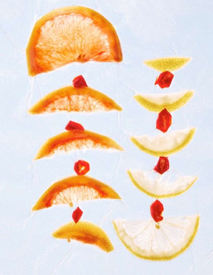 Citrus slices arranged in a stacked pattern, featuring grapefruit and lemon halves, each topped with a vibrant red berry accent.