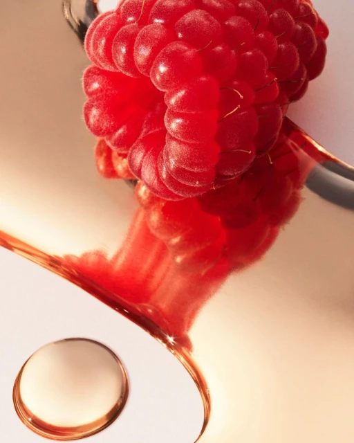Close-up studio shot of a vibrant red raspberry with glossy surface, bright lighting, and reflection. Food and beverage still life.