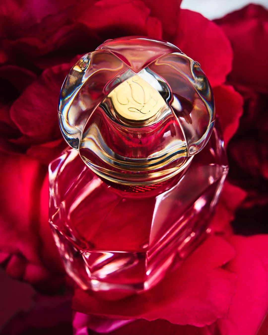 Overhead view of a faceted glass perfume bottle with a clear flower-shaped stopper, set against a backdrop of soft red rose petals.