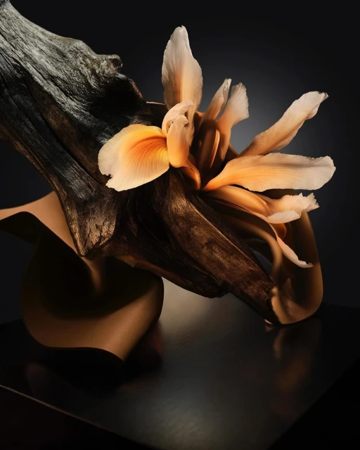 Artistic still life of a light orange flower blooming from a dark brown branch atop a reflective black surface against a gray background.