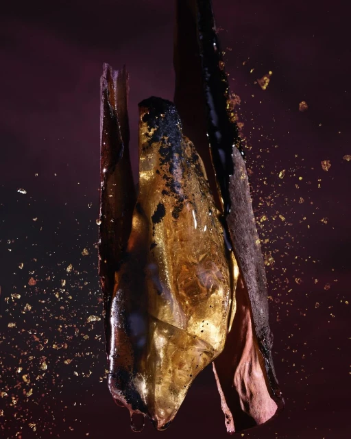 Abstract still life shot of fractured, golden-brown crystal formations with contrasting dark resin on a burgundy background.