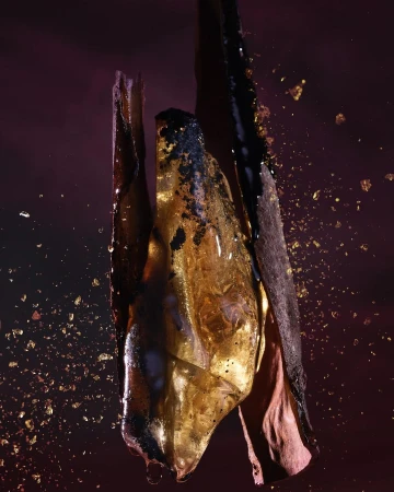 Abstract still life shot of fractured, golden-brown crystal formations with contrasting dark resin on a burgundy background.