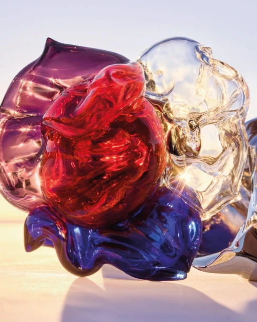 Abstract fluid art sculpture with a blend of translucent red, purple, clear, and blue tones, glossy textures, and dynamic light reflection.