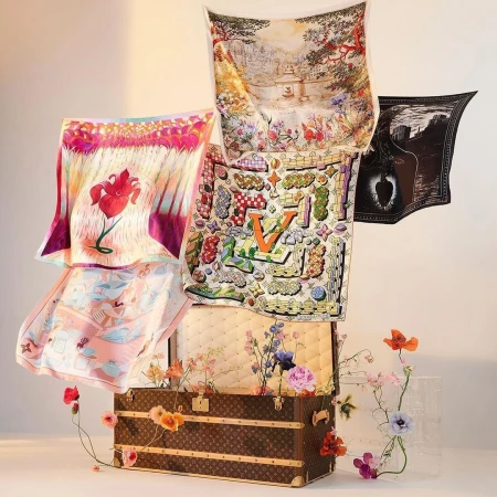 A collection of colorful silk scarves with floral and landscape designs arranged around a brown Louis Vuitton trunk with flowers.