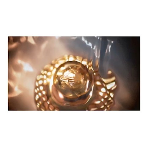 Close-up of a golden, beehive-shaped ornament with a bee emblem. The image emphasizes the textured metallic details and soft, diffused lighting.