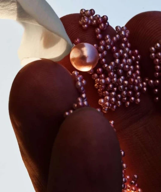Close-up of a hand holding small, iridescent beads, with a blurred white object in the upper left, and a clean, light background.
