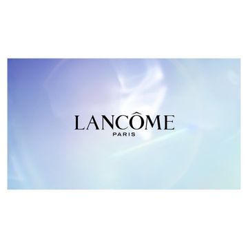Lancôme logo with a soft blue and white background, promoting beauty and skincare products with elegant typography.