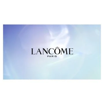 Lancôme logo with a soft blue and white background, promoting beauty and skincare products with elegant typography.