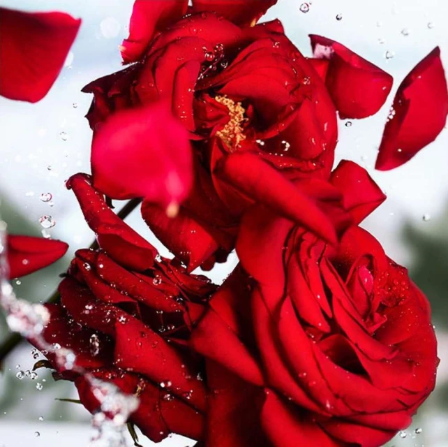 Close-up of vibrant red roses with water droplets and petals, creating a fresh and dynamic floral display against a blurred backdrop.