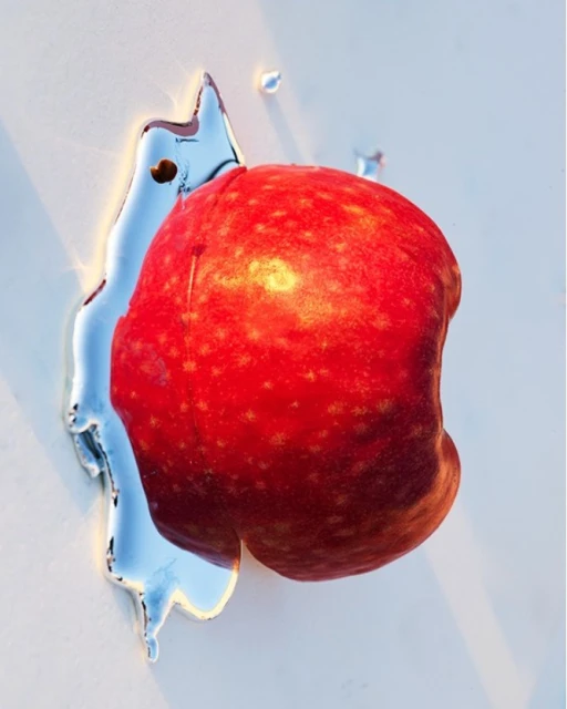A shiny red apple with chrome melting liquid on a white surface, reflecting light and creating an appealing food composition.