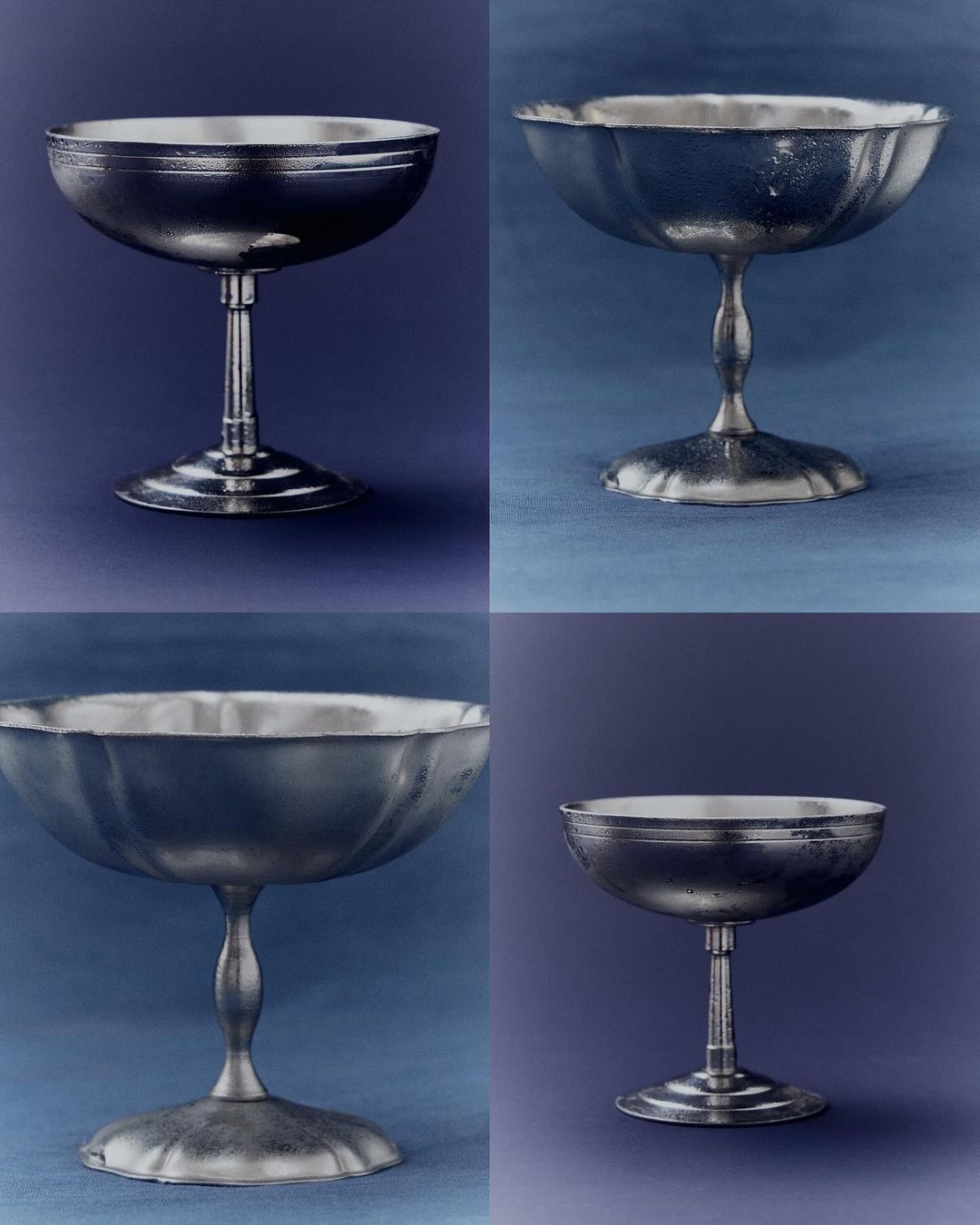 Silver-colored metal goblets are displayed in a grid pattern against a blue background, exhibiting a simple yet elegant design.