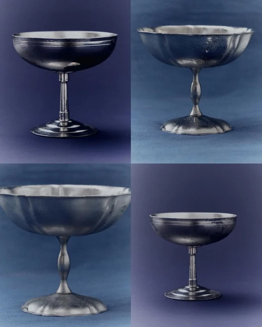 Silver-colored metal goblets are displayed in a grid pattern against a blue background, exhibiting a simple yet elegant design.