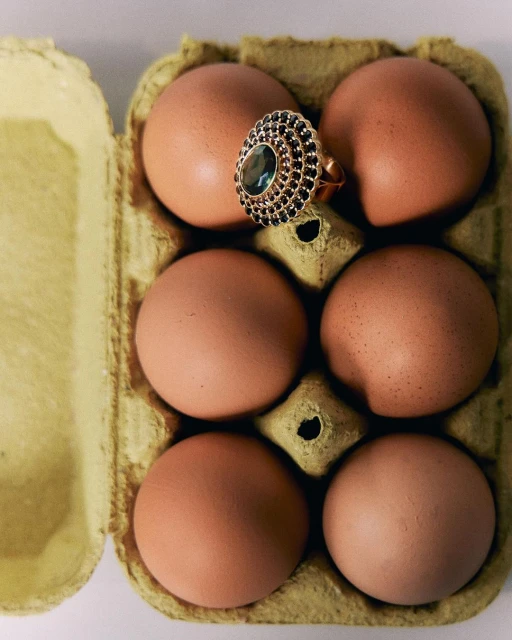 A large vintage ring displayed on eggs in a carton, creating a juxtaposition of luxury and everyday objects with natural lighting.