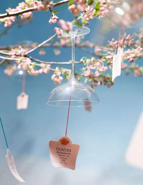 Upside-down wine glass suspended from a cherry blossom tree branch with tag, against a blue sky, creating a whimsical and artistic scene.