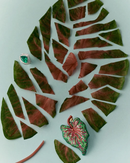 Overhead shot of a broken caladium leaf arranged with a ring and a leaf-shaped brooch, set against a light blue backdrop.