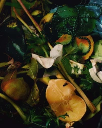 Close-up still life photograph featuring discarded food scraps, citrus peels, and a dark green beaded necklace.