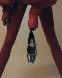 Close-up of a person in red leggings holding a Mary Jane shoe between legs against a neutral background