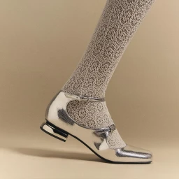 Close-up of a silver metallic Mary Jane shoe worn with patterned lace tights against a neutral beige background.