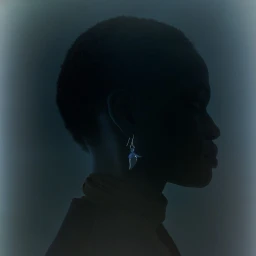 Profile silhouette of a person wearing a small drop earring against a dark, low-key background photographed by Fofo Altinell.