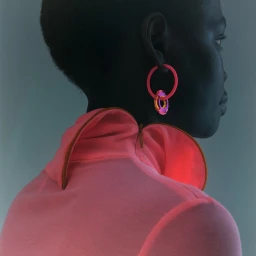Profile portrait of a Black woman wearing a bright pink high-neck top and matching hoop earrings against a dark background