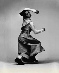 Black and white photograph of a dancer mid-motion wearing a turtleneck, layered pleated skirt, and dark shoes against a plain background.