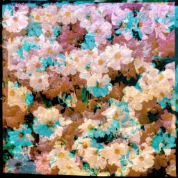 Multiple exposure photograph of pink and blue cosmos flowers in an abstract floral arrangement by Fofo Altinell.