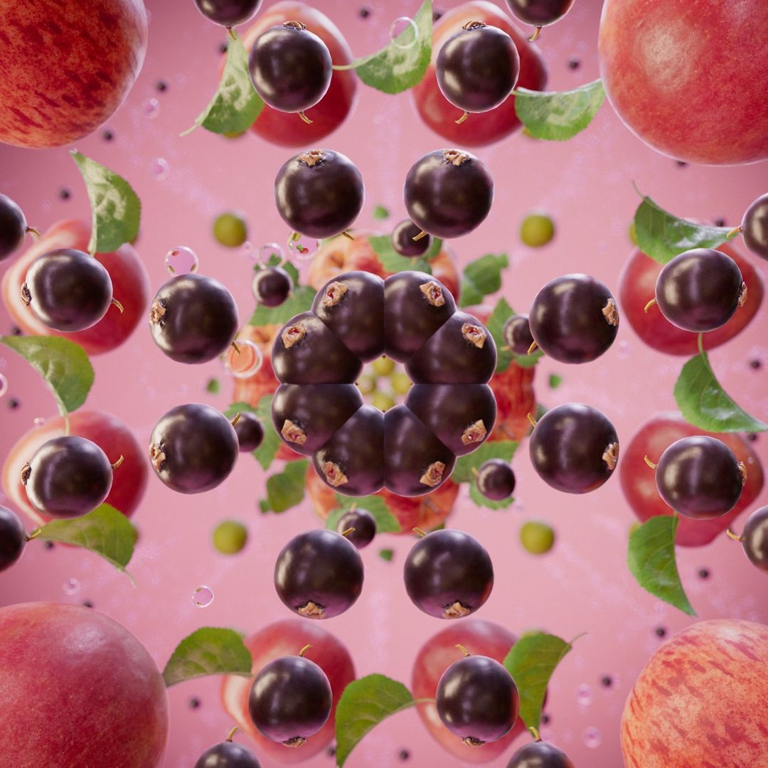 Floating black currants surround a ring formation, with peaches, green leaves, and water droplets on a gradient pink background.