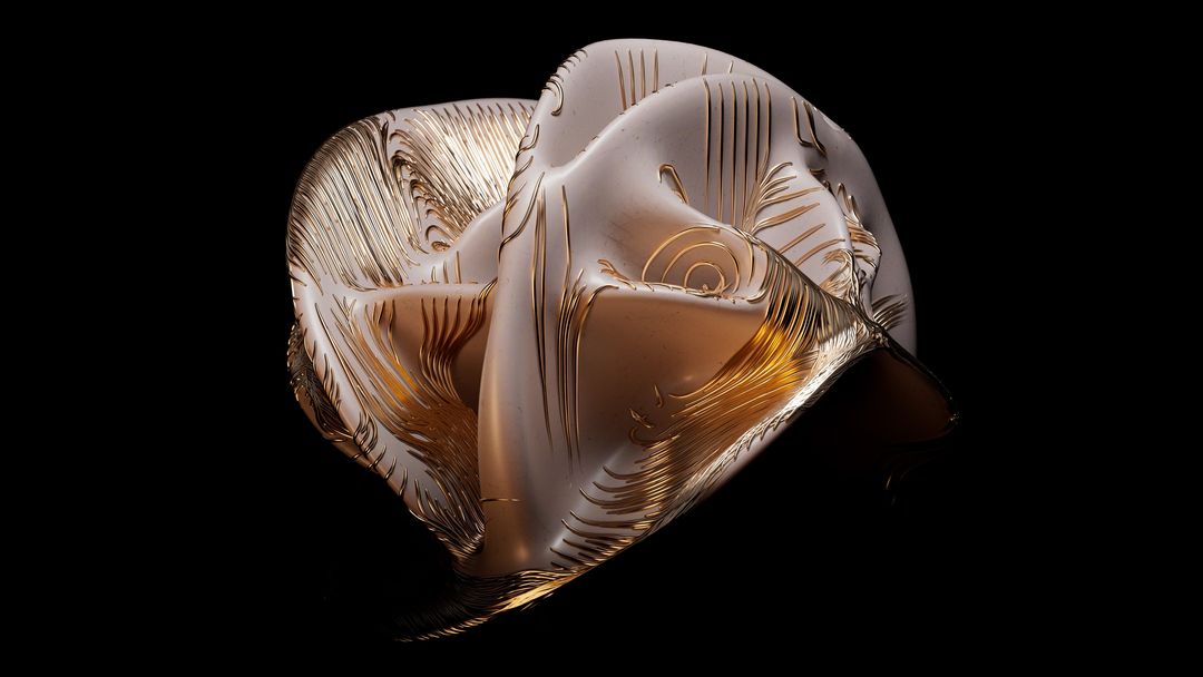 Abstract 3D render of an organic, flowing shape with gold linework accents on a smooth, creamy surface set against a dark black background.