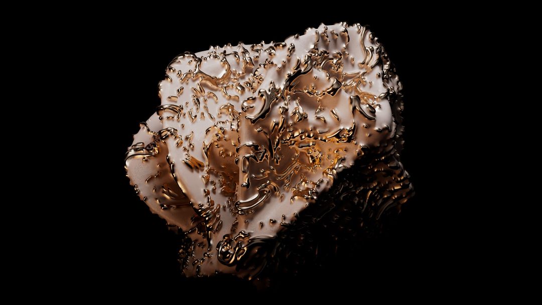 Abstract art featuring a glossy, bumpy, off-white form with golden detailing against a stark black backdrop with a subtle reflection.