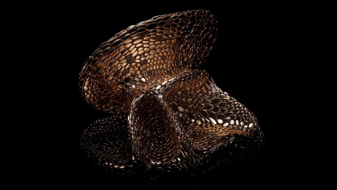 Abstract sculpture with golden, pebble-like textures on black. Modern art piece with intricate design and smooth reflective finish.