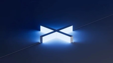 Glowing white cross-shaped sculptural element embedded in a dark blue surface with subtle panel lines.