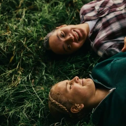 Two young women lying together in tall green grass, captured from above in soft daylight by photographer Francis Augusto.