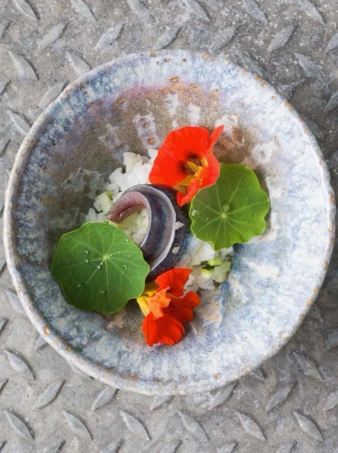 Overhead shot of a grey plate with fish, white rice, orange flowers, and green leaves arranged on a textured grey metal surface.