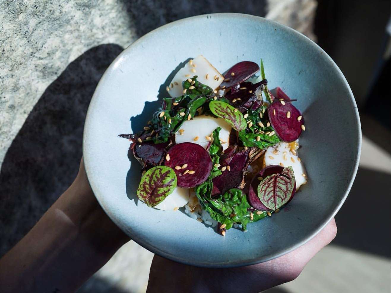 Overhead shot of light blue bowl held in hands with salad featuring beets, greens, and white vegetables with sesame seeds.