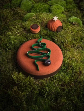 Festive desserts on moss: A cake decorated with a Christmas tree ribbon, a small cake, and a domed cake with a snowflake on moss.