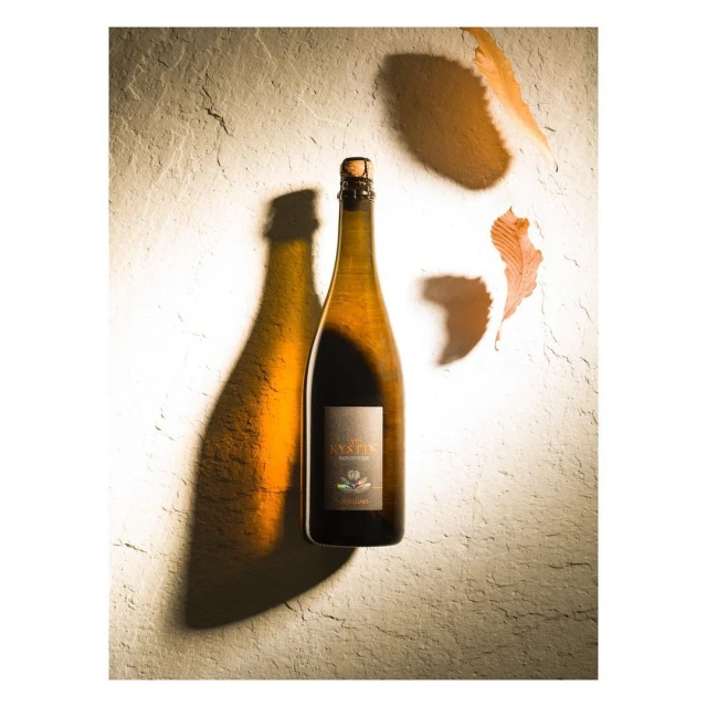 Studio shot of a cider bottle casting a long shadow, complemented by scattered autumn leaves, all set against a textured surface.