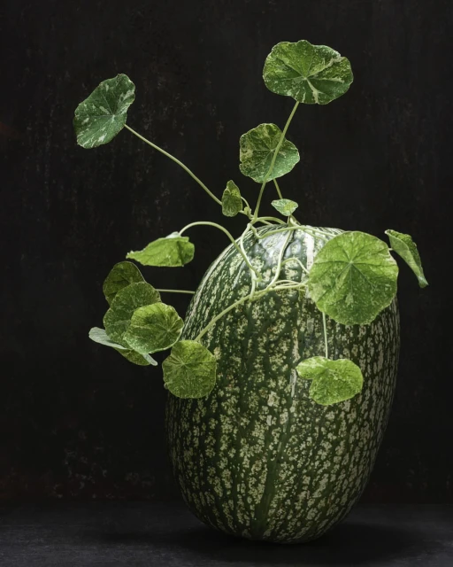 Still life photograph of a green and white patterned squash with leafy green vines against a dark textured background, moody lighting.