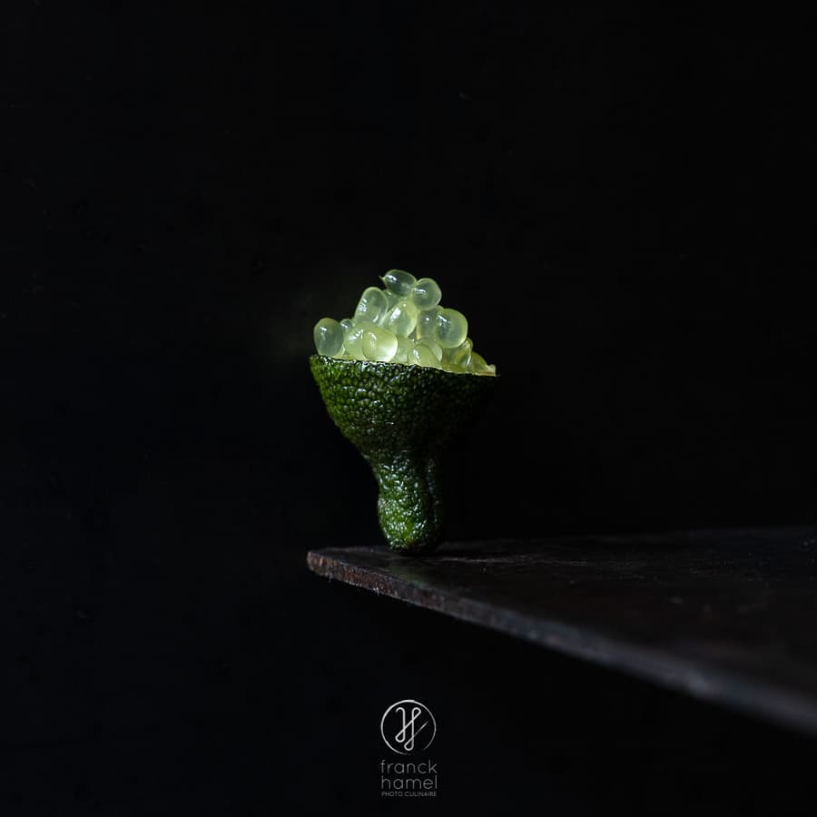 Finger lime close-up shot featuring its unique citrus pearls inside a green rind, set against a dark background creating contrast and focus.