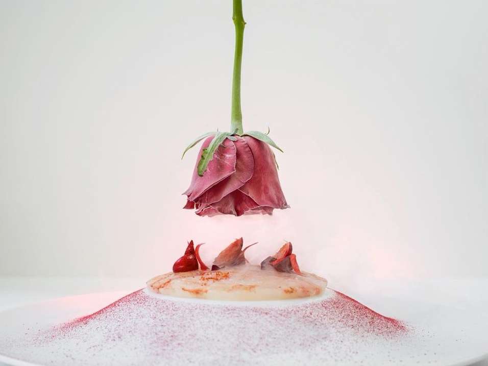 Overhead shot of a rose above a dessert on a white plate with pink powder and vapor, creating a visually striking and artistic food presentation.